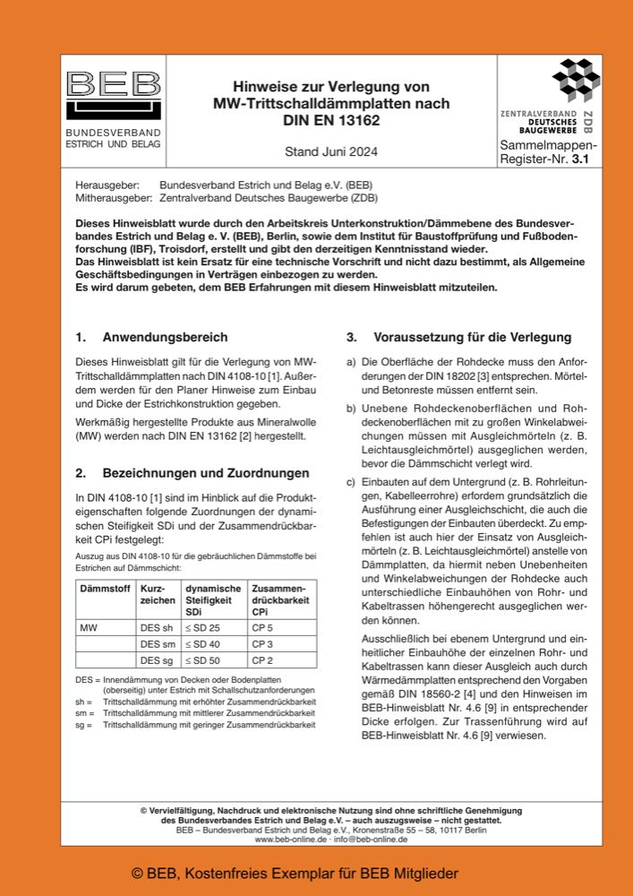  BEB: Hinweisblatt zur Verlegung von Trittschalldämmplatten aus Mineralwolle