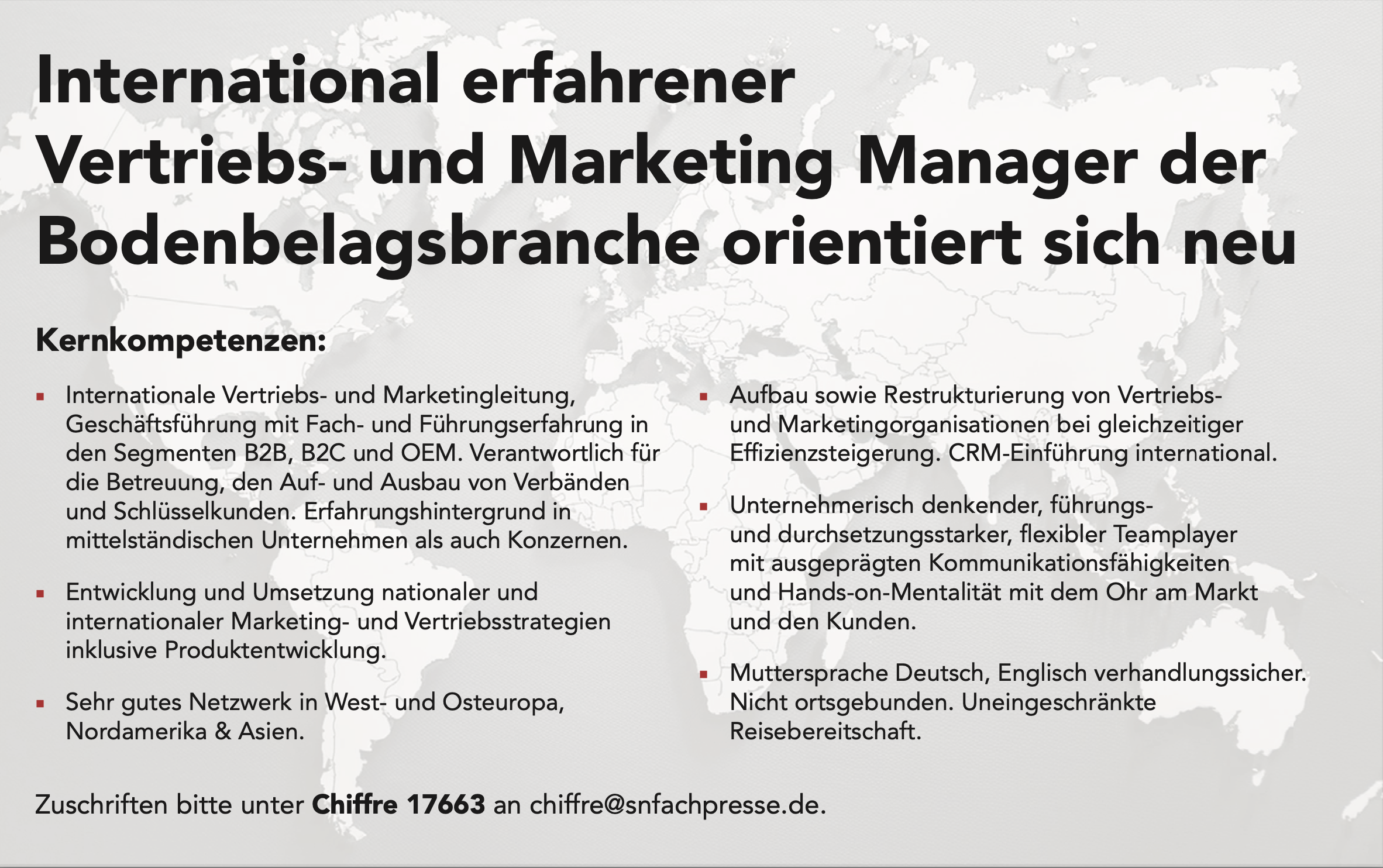 International erfahrener Vertriebs- und Marketingmanager der Bodenbelagsbranche orientiert sich neu