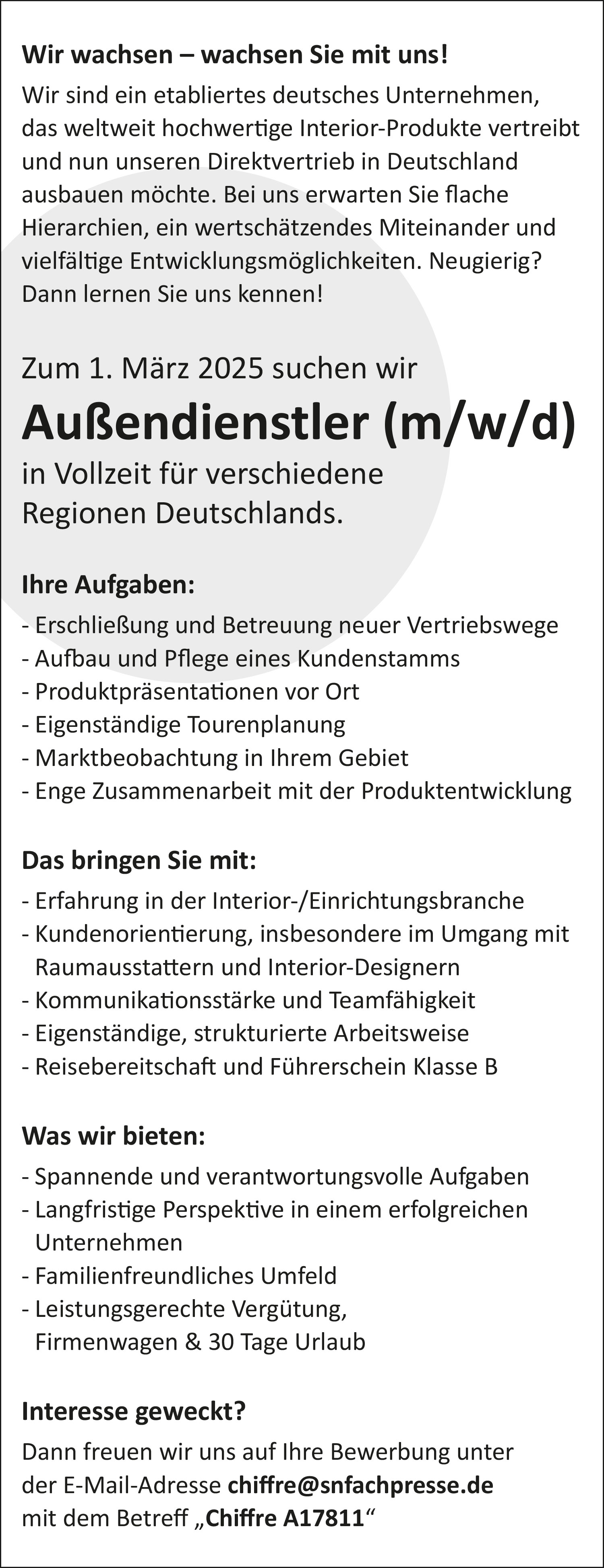 Außendienstler (m/w/d) für Interior-Produkte