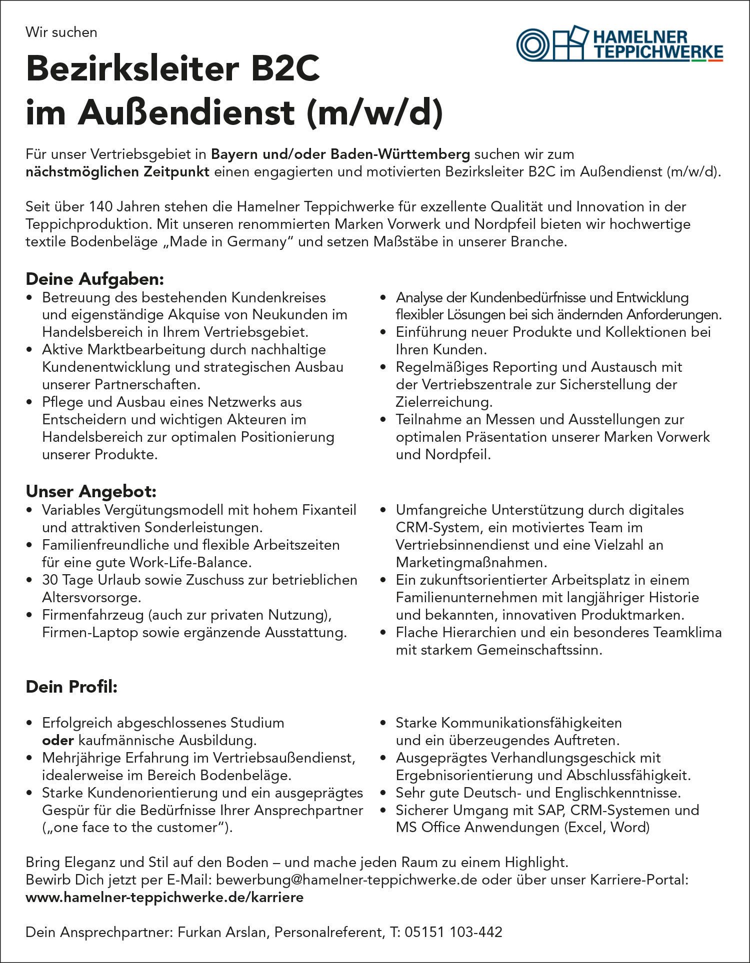 Bezirksleiter B2C im Außendienst (m/w/d) für textile Bodenbeläge